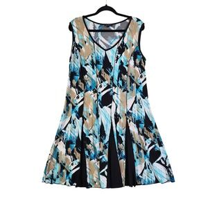 Sami & Jo Womens Abstract Print Sleeveless Pleated Tunic Plus Size 2X Blue Black